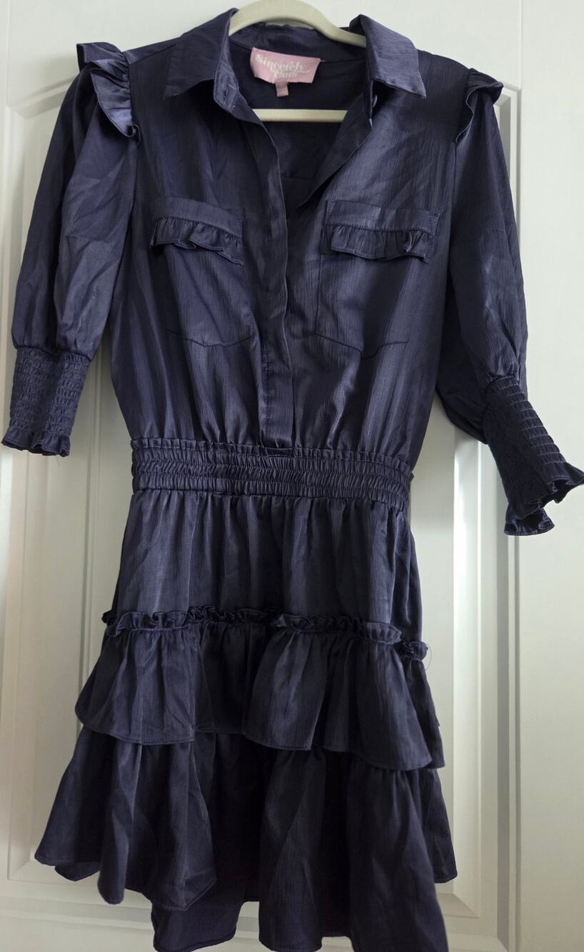 Sincerely Ours Tiered Ruffle Romper Dress S Grey Satin Mock Neck Mini Smocked